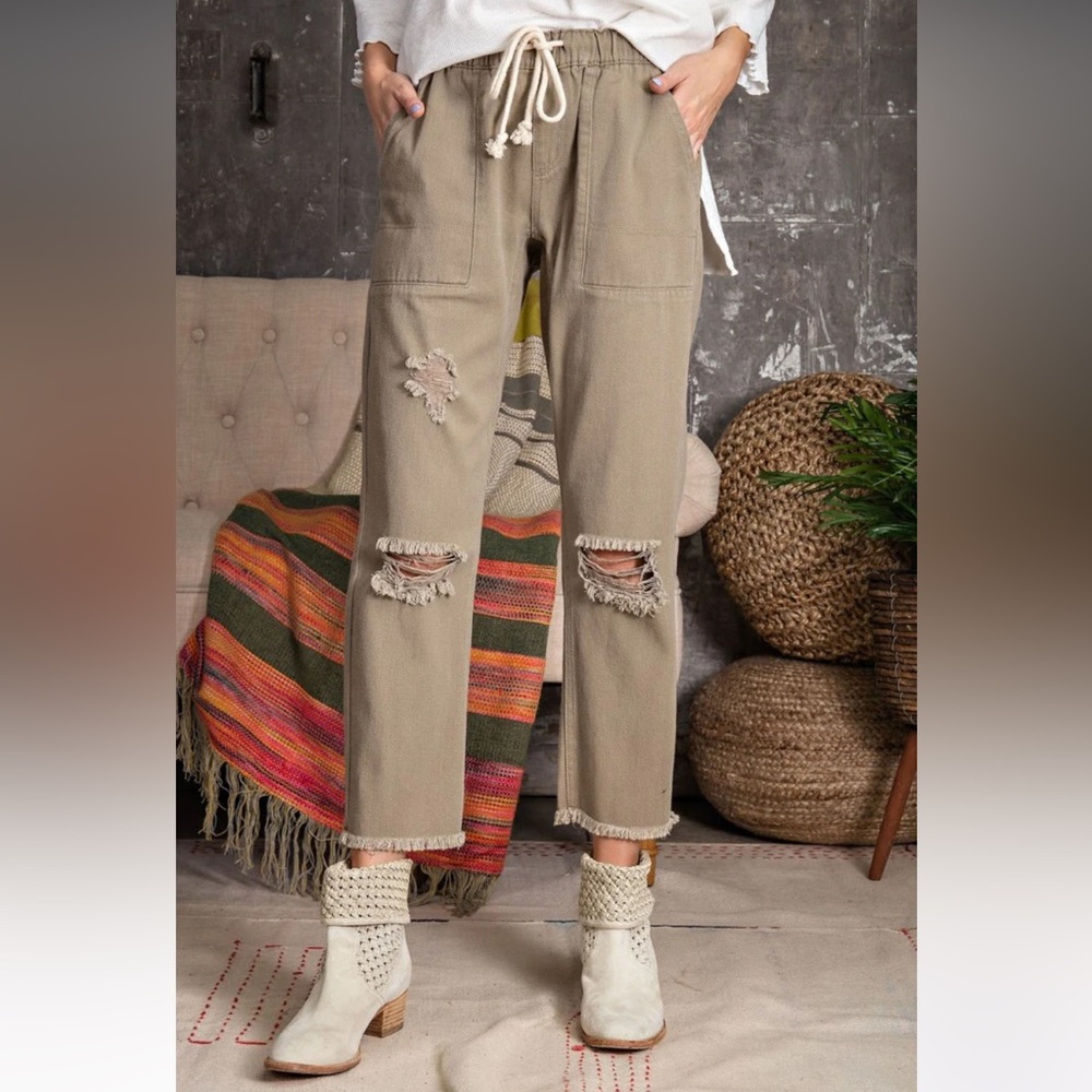 Easel 100% Cotton Distressed Twill Boyfriend Pant, size S